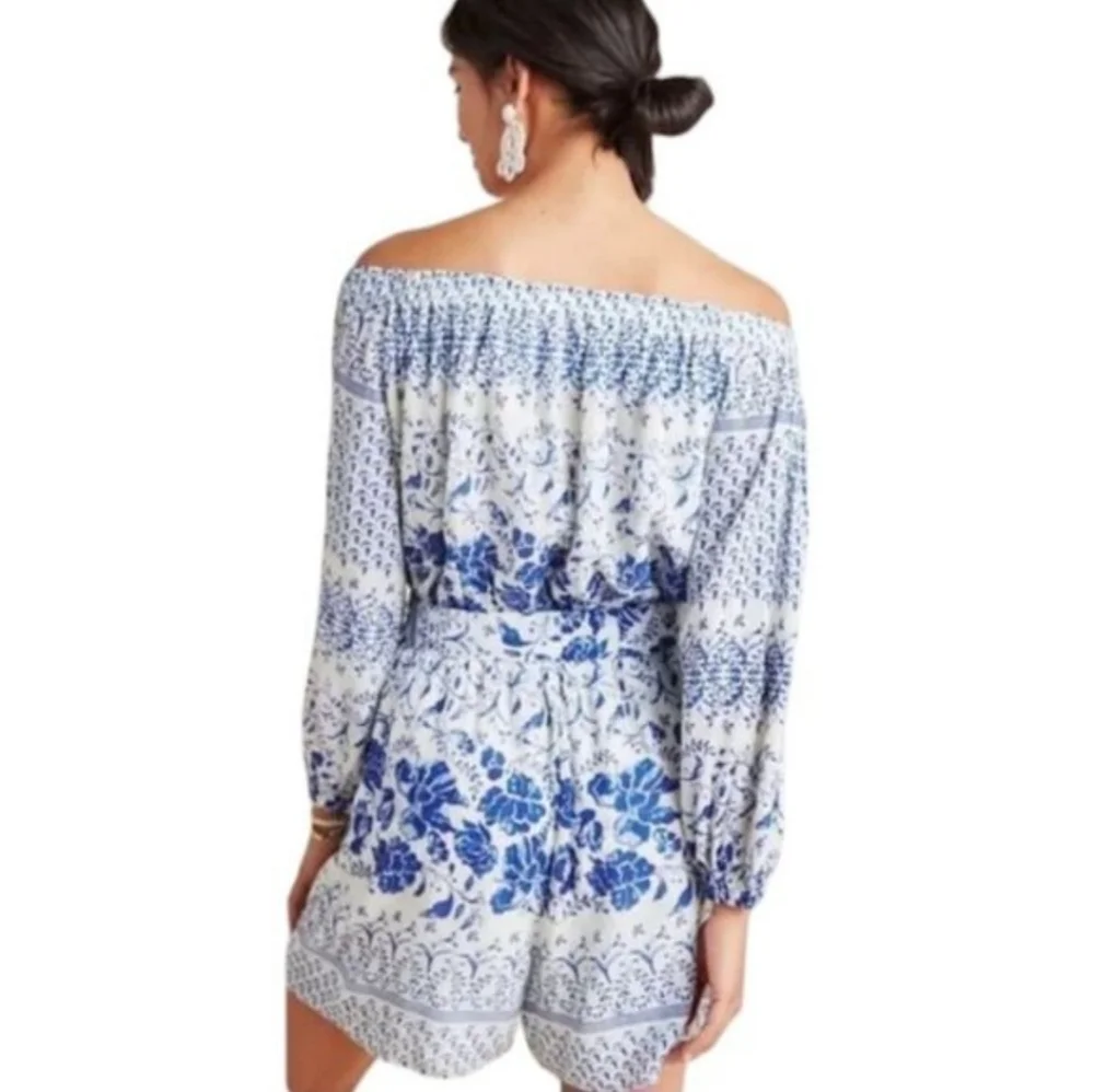 Anthropologie Blue and White Floral Clemente Off the Shoulder Romper - Picture 2 of 10